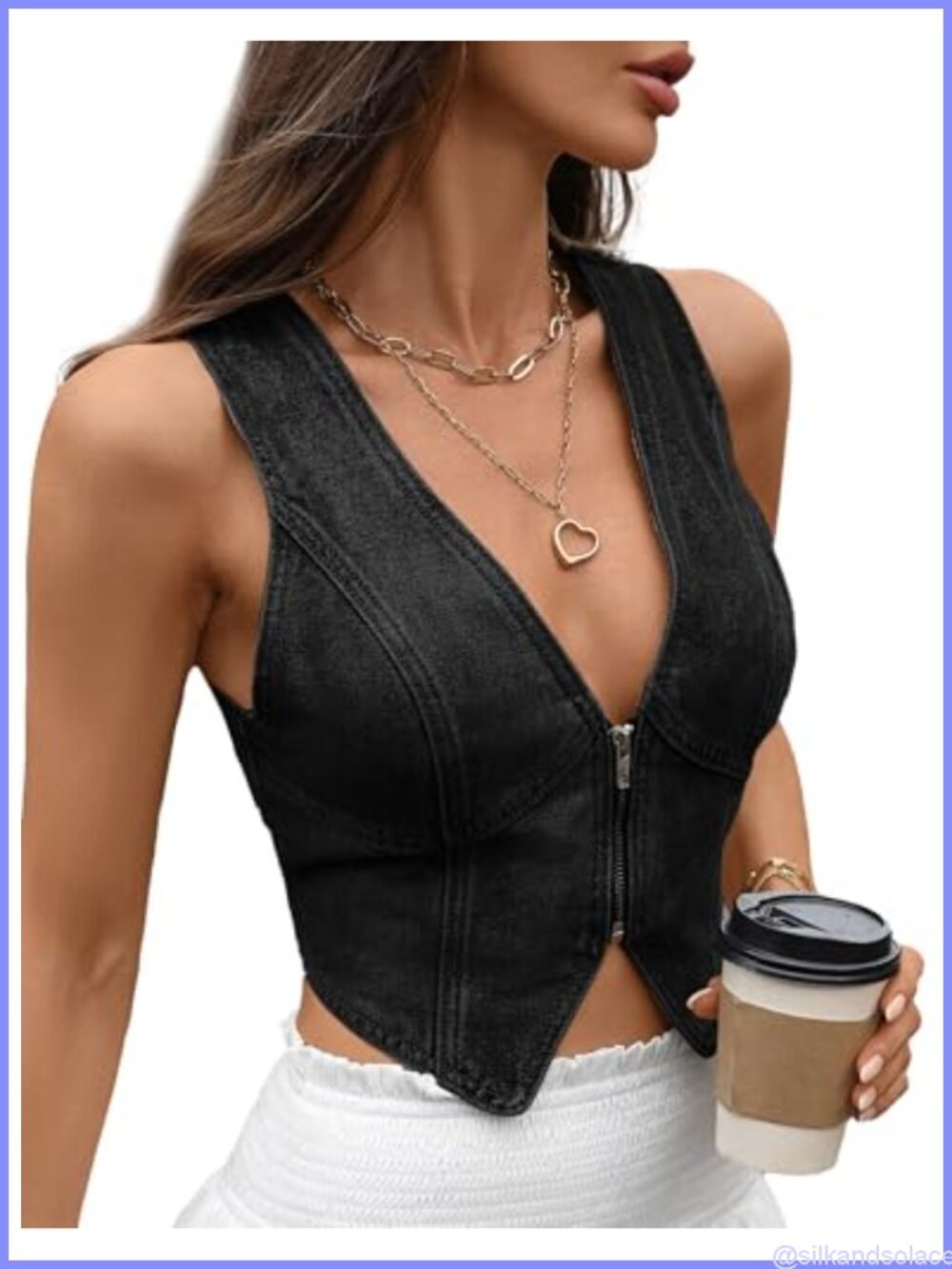 Women Denim Crop Vest V-Neck Sleeveless Zipper Waistcoat Jacket